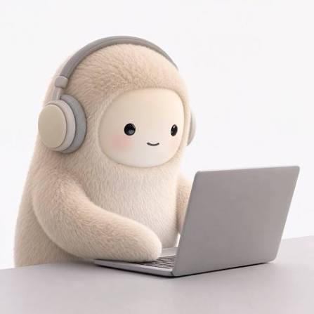 Murps wearing headphones and working on a laptop